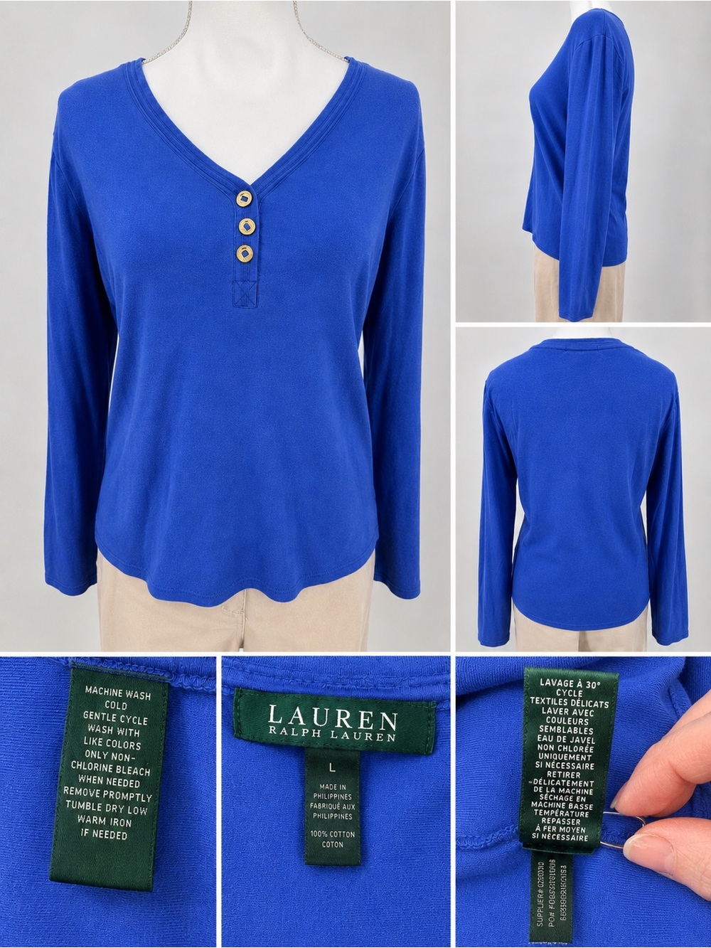 LAUREN Ralph Lauren Blue Long-Sleeve V-Neck Henley